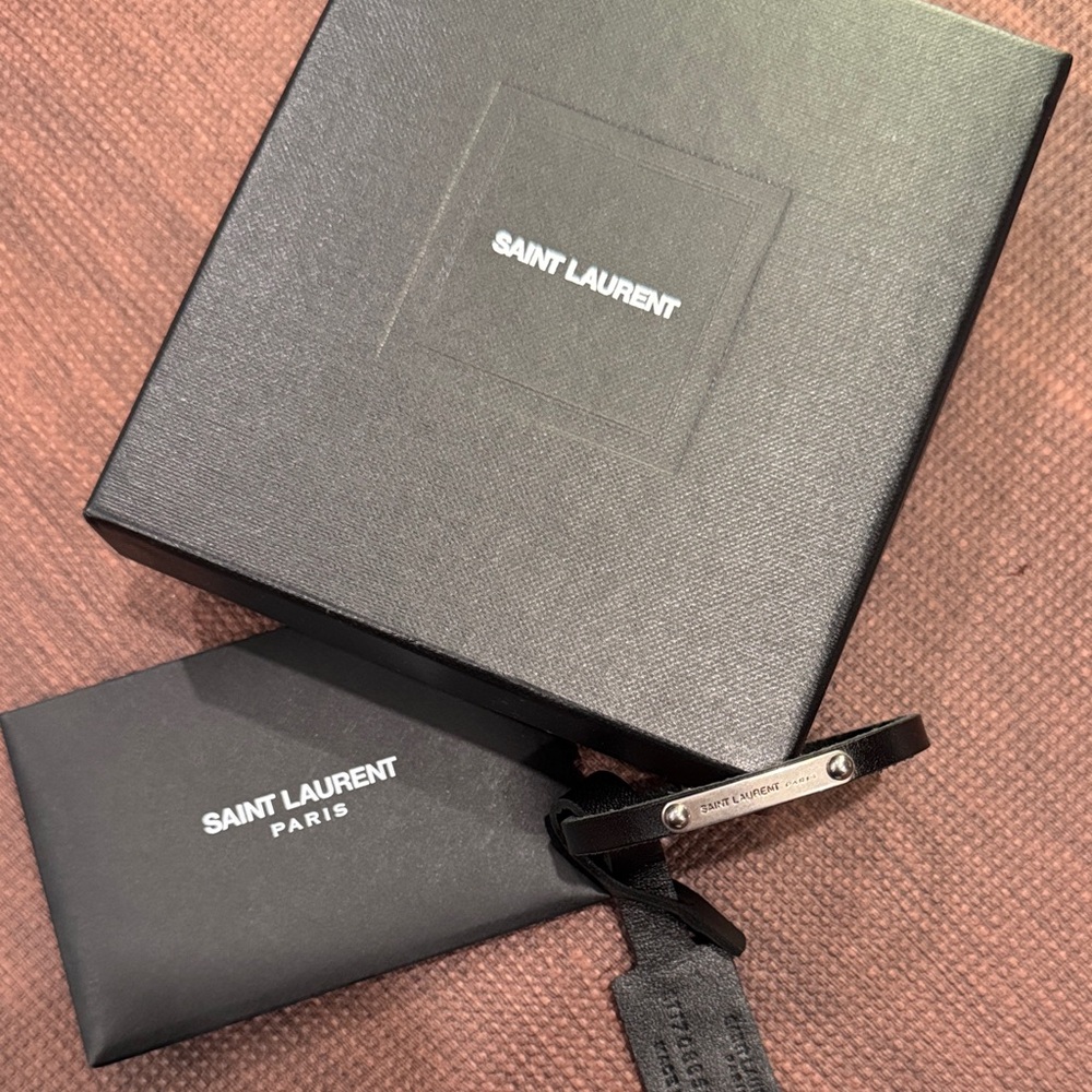 Saint Laurent Black Leather Bracelet with Silver Name Plate
